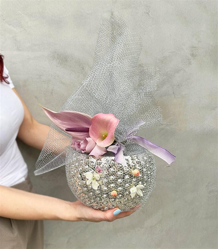 Mirabella Silver Cam Vazo İsteme Söz Çiçeği ve Çikolatası Seti