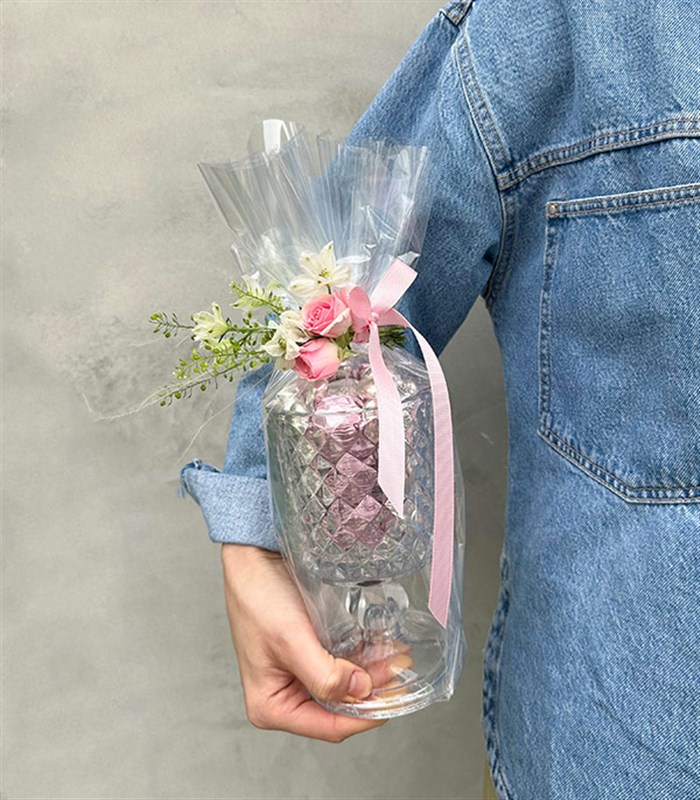 Kristal Kadeh Vazoda 16Lı Yıldız Pembe Silver Çikolata Badem Şekeri