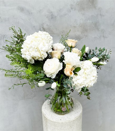 Whisper White Deluxe White Hydrangea Peony Tulip Vase Arrangement