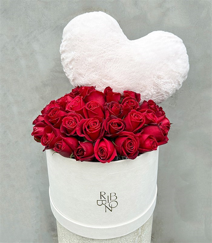 Heart Plush Padded 41 Red Roses in Box Grand Cream
