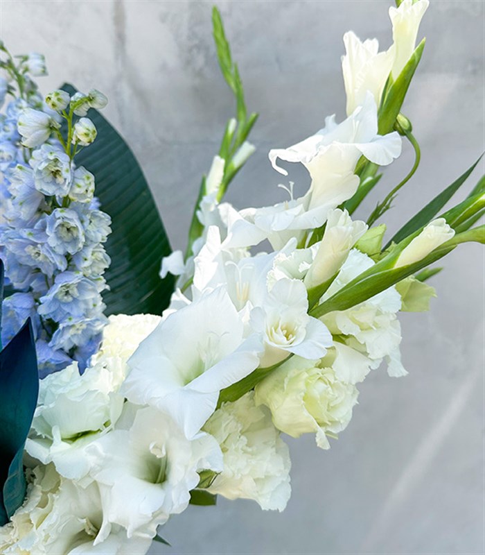 Bianca Galaksi Laleli Mavi Delfinyum Beyaz Yaz Aranjmanı
