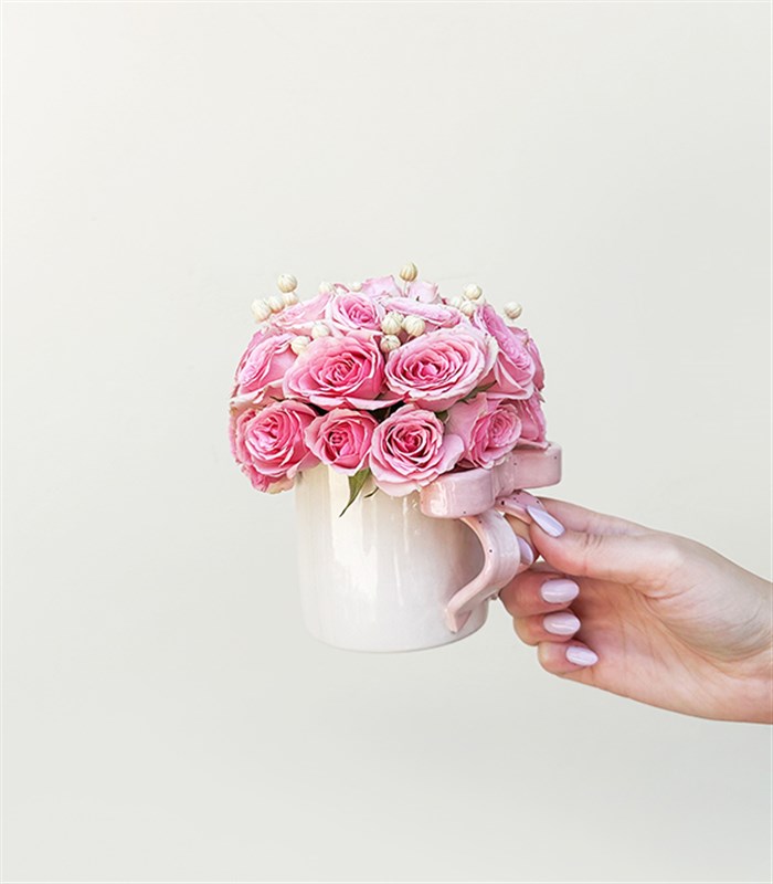 Ribbon Bow Pembe El İşi Seramik Mug Mini Aranjman