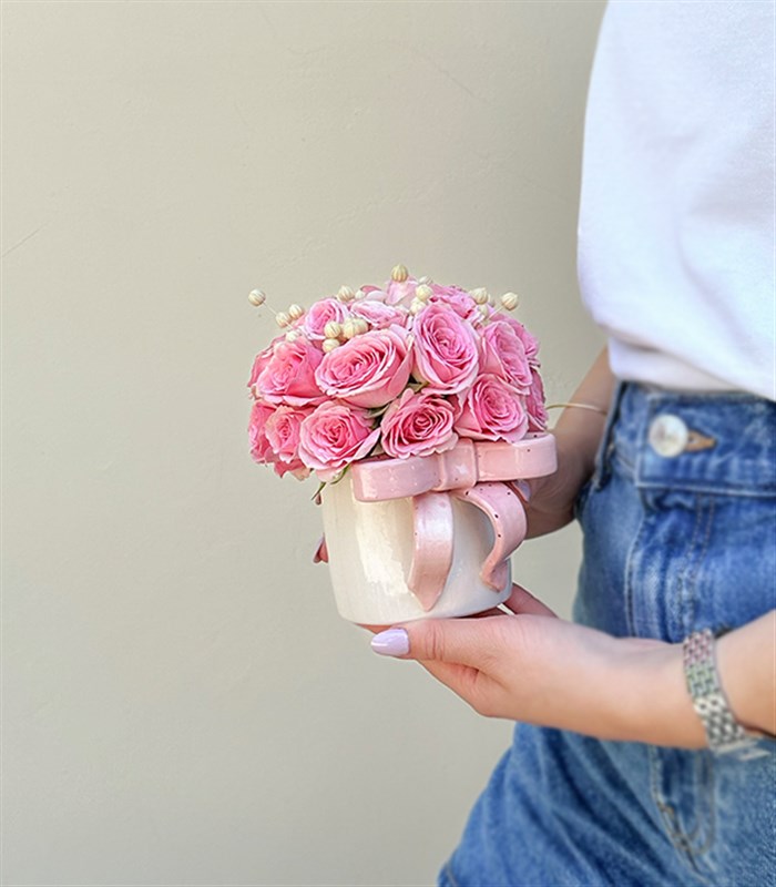 Ribbon Bow Pembe El İşi Seramik Mug Mini Aranjman