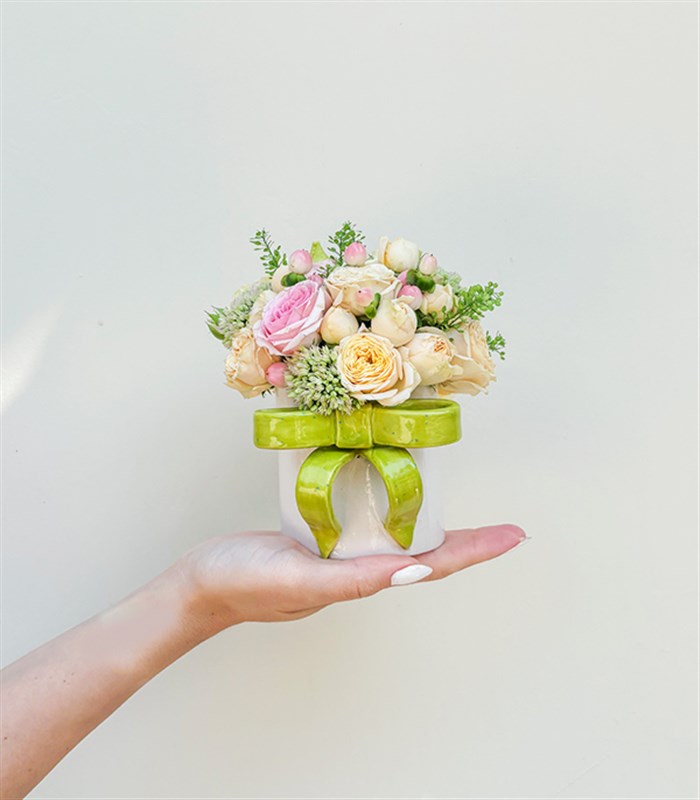 Ribbon Bow Yeşil El İşi Seramik Mug Mini Aranjman