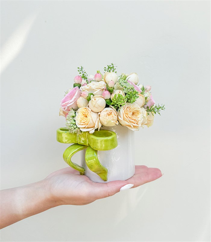Ribbon Bow Yeşil El İşi Seramik Mug Mini Aranjman