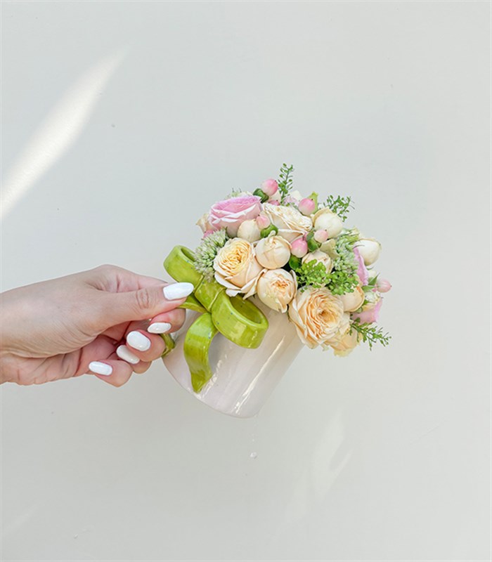 Ribbon Bow Yeşil El İşi Seramik Mug Mini Aranjman
