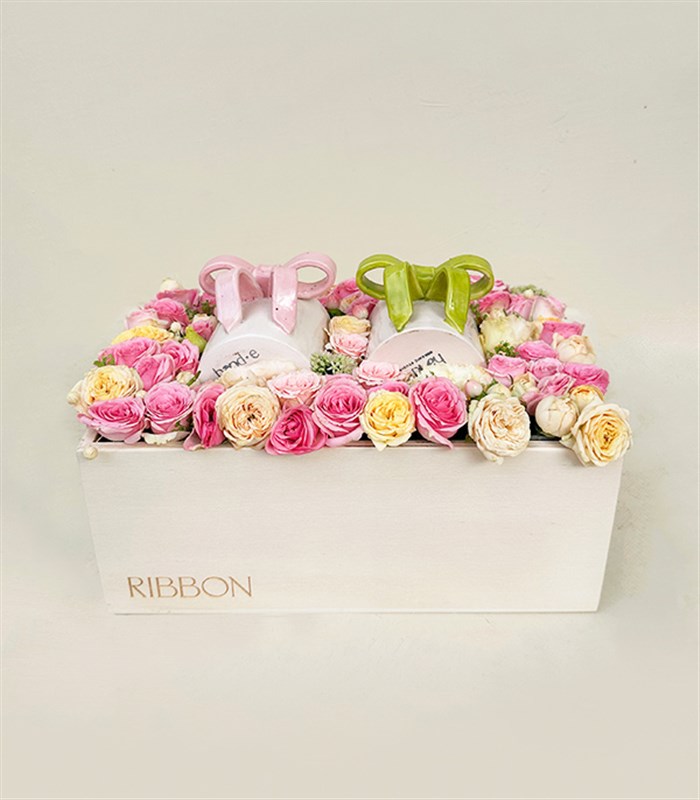 Ribbon Bow Deluxe El İşi Seramik Mug Çiçek Hediye Kutusu