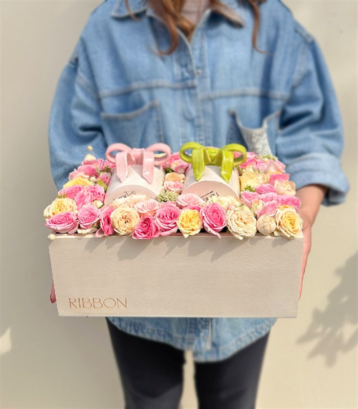 Ribbon Bow Deluxe El İşi Seramik Mug Çiçek Hediye Kutusu