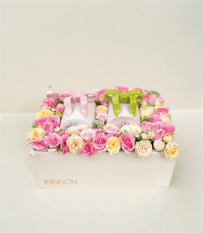 Ribbon Bow Deluxe El İşi Seramik Mug Çiçek Hediye Kutusu