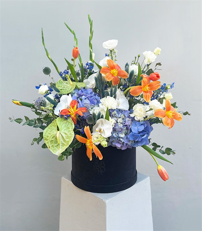 Giovanna Füme Grand Kutuda Turuncu Lale Mavi Ortanca Aranjmanı