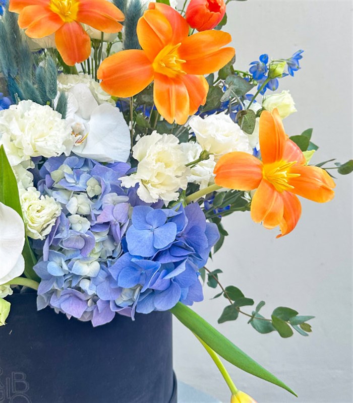 Giovanna Füme Grand Kutuda Turuncu Lale Mavi Ortanca Aranjmanı
