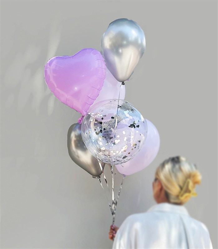 Lila Kalp Silver Confetili 6Lı Uçan Balon Seti