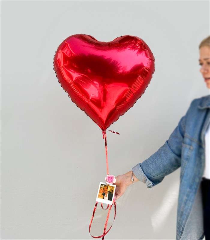 Kişiye Özel Instax Polaroid Fotoğraflı Kırmızı Uçan Kalp Balon 60 cm