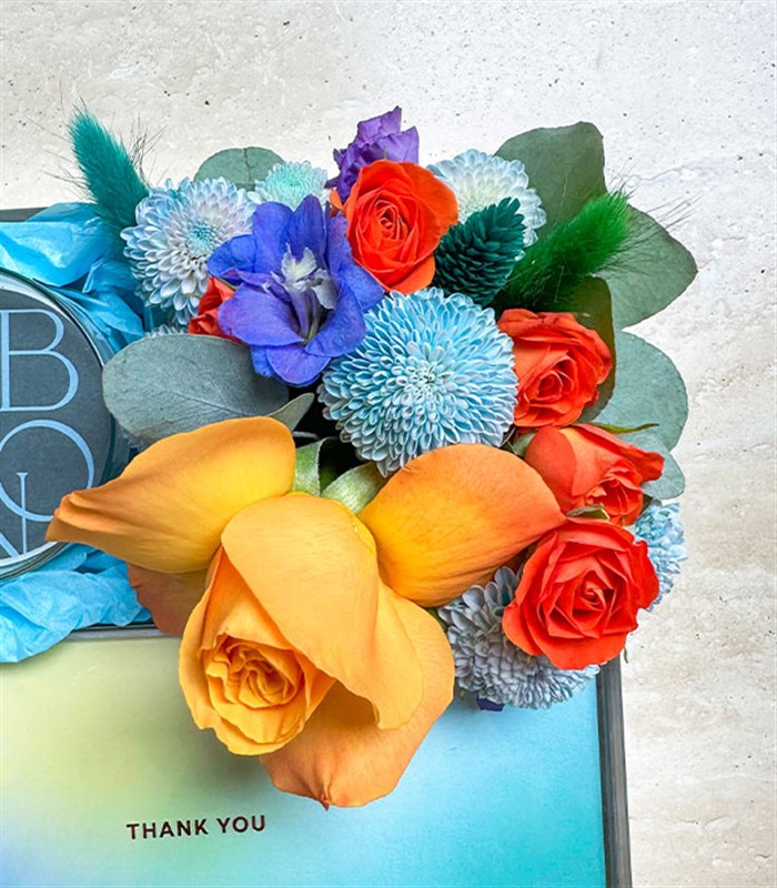 Thank You Turuncu Mavi Çiçekler Mum Çikolata Hediye Kutusu