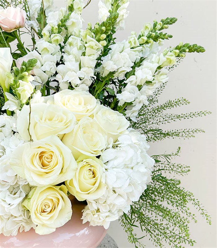 Voyage Pudra Seramik Vazoda Beyaz Gül Ortanca Grand Deluxe Aranjman