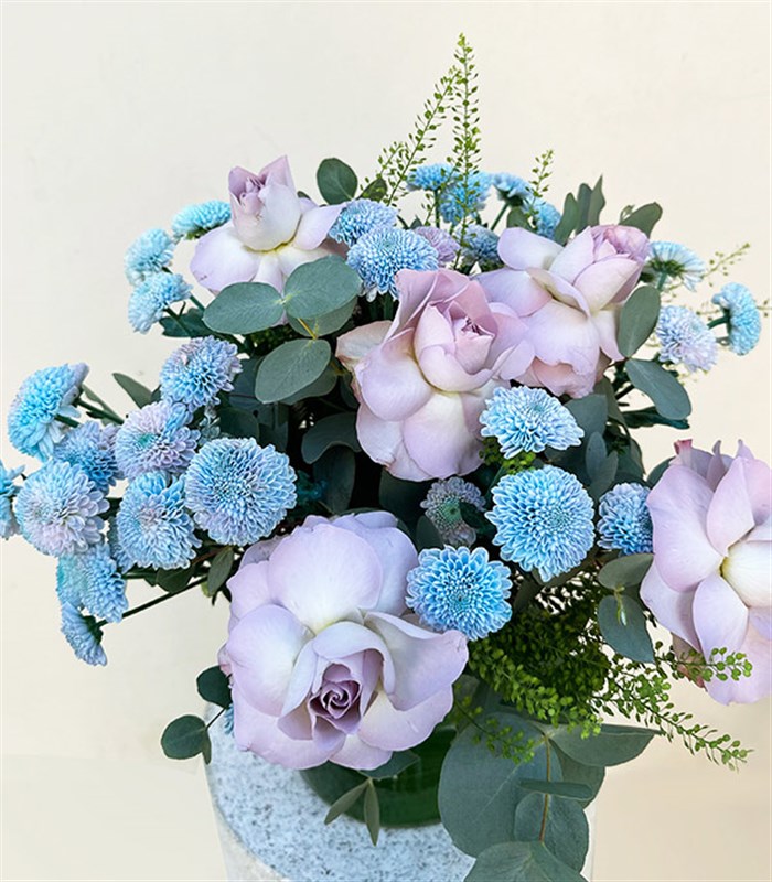 Emanuela Cam Vazoda Lila Gül Unicorn Krizantem Aranjmanı