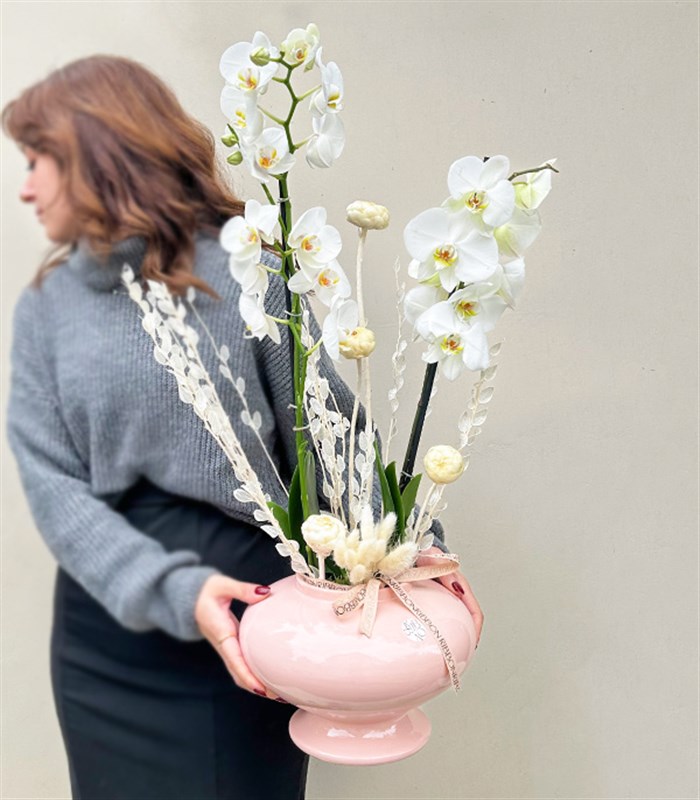 Luxe Pudra Seramik Vazoda Beyaz Orkide 2 Dallı