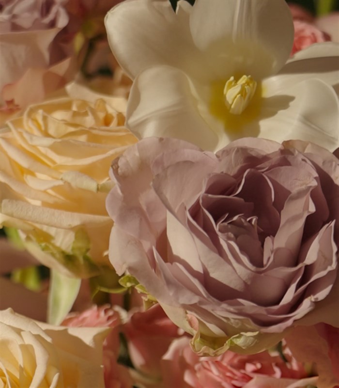 Floraison Taş Vazoda Pembe Şakayık Kayısı Güller Aranjman