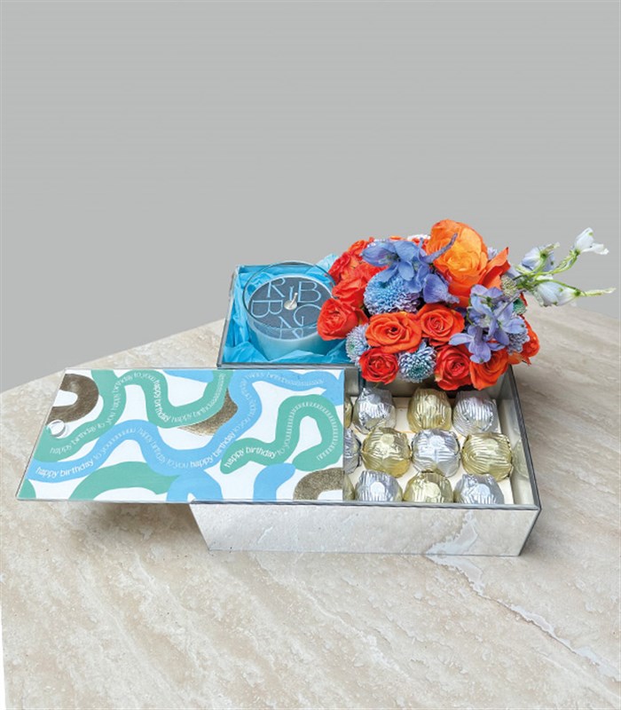 Happy Birthday Turuncu Mavi Çiçekler Mum Çikolata Hediye Kutusu