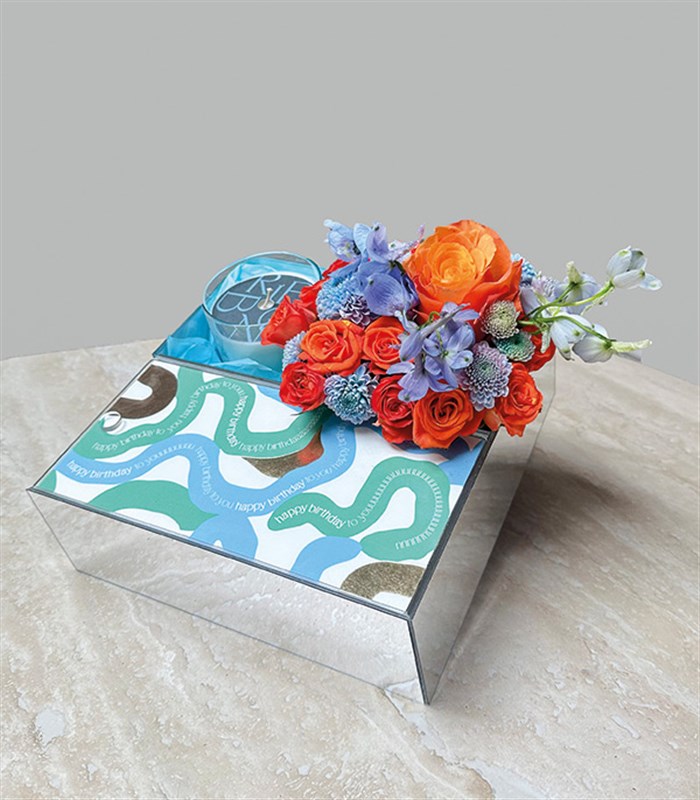 Happy Birthday Turuncu Mavi Çiçekler Mum Çikolata Hediye Kutusu