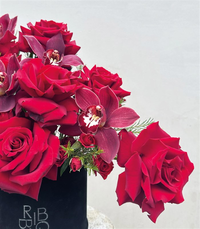 I Love You Kırmızı Gül Bordo Cymbidium Orkide Aranjmanı
