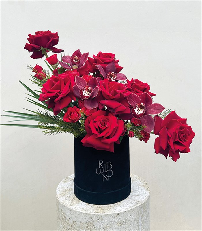 I Love You Kırmızı Gül Bordo Cymbidium Orkide Aranjmanı
