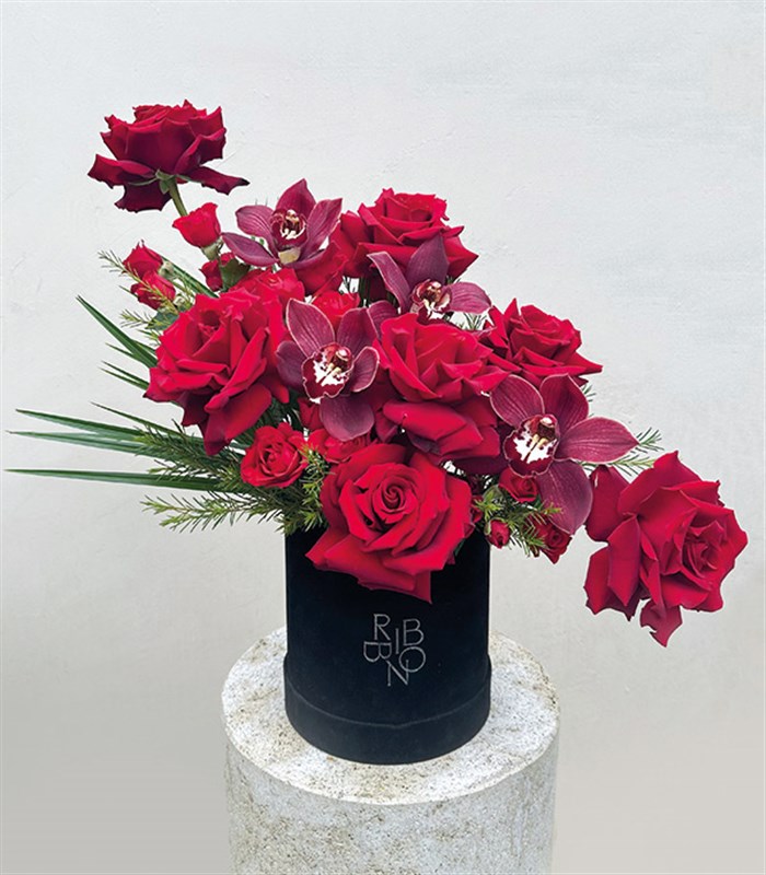 I Love You Kırmızı Gül Bordo Cymbidium Orkide Aranjmanı