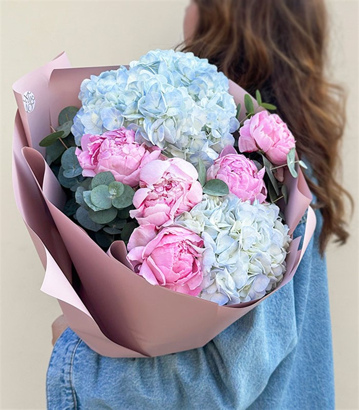 Tanya Mavi Ortanca Pembe Şakayık Buketi