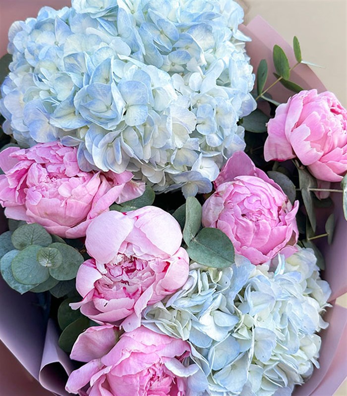 Tanya Mavi Ortanca Pembe Şakayık Buketi