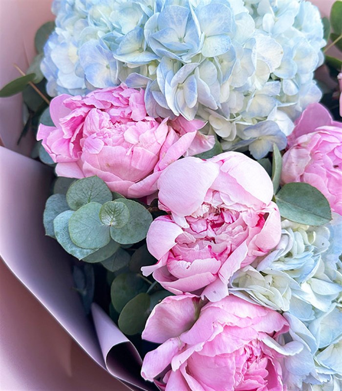 Tanya Mavi Ortanca Pembe Şakayık Buketi