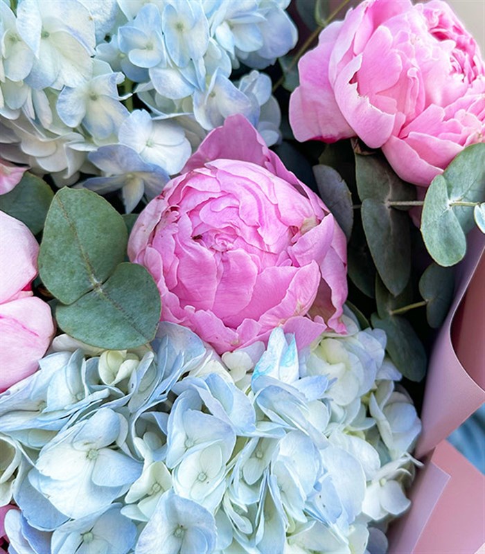 Tanya Mavi Ortanca Pembe Şakayık Buketi