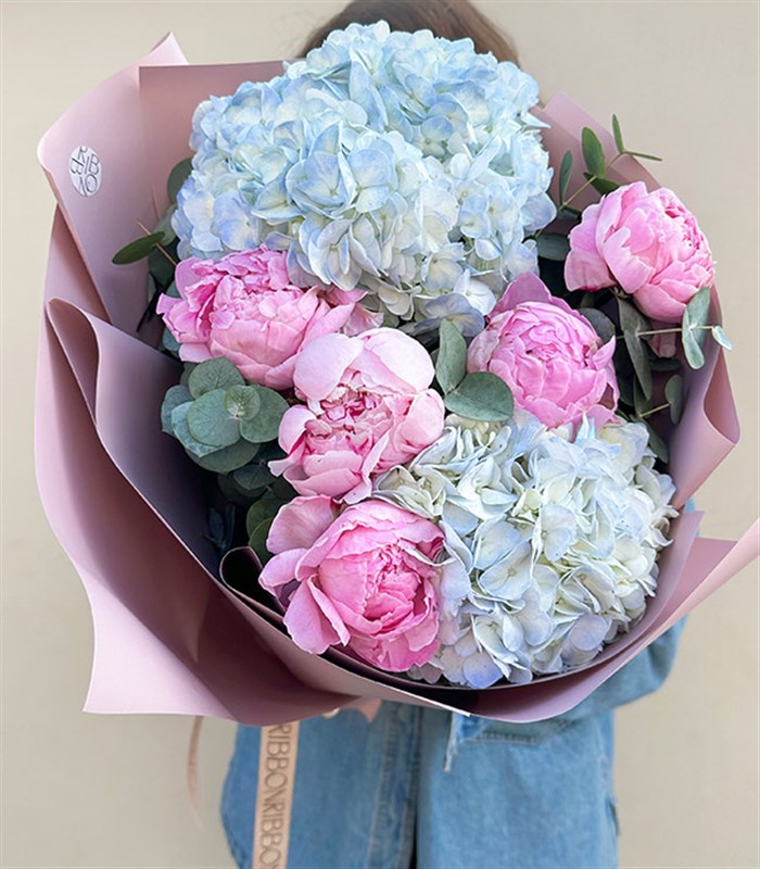 Tanya Mavi Ortanca Pembe Şakayık Buketi