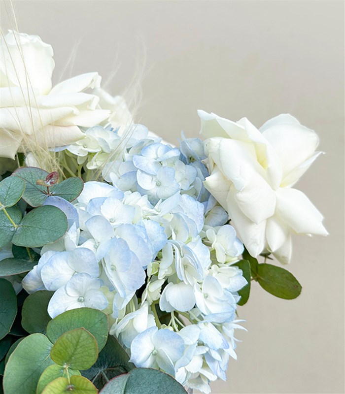 Thais Cam Vazoda Mavi Ortanca Beyaz Güller Aranjmanı