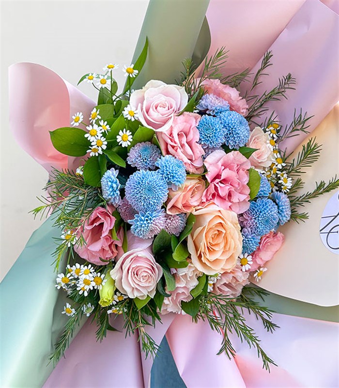 Luana Pembe Kayısı Gül Unicorn Krizantem Mini Buket