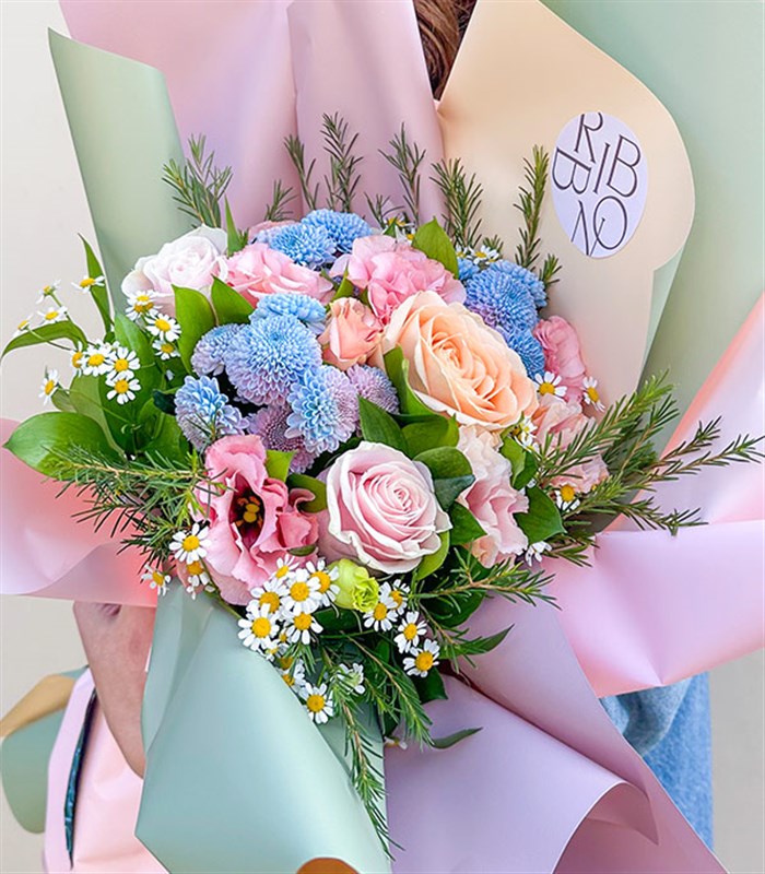 Luana Pembe Kayısı Gül Unicorn Krizantem Mini Buket