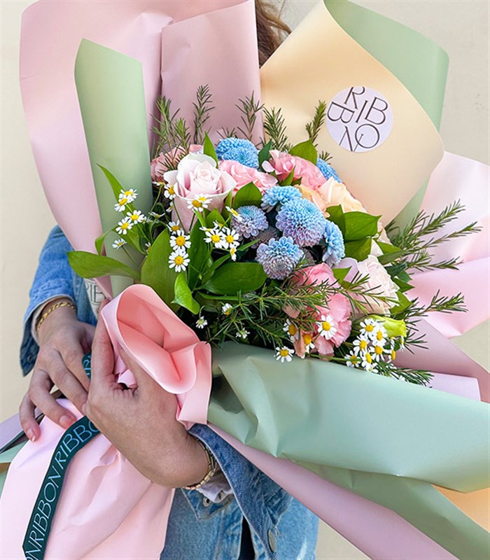 Luana Pembe Kayısı Gül Unicorn Krizantem Mini Buket