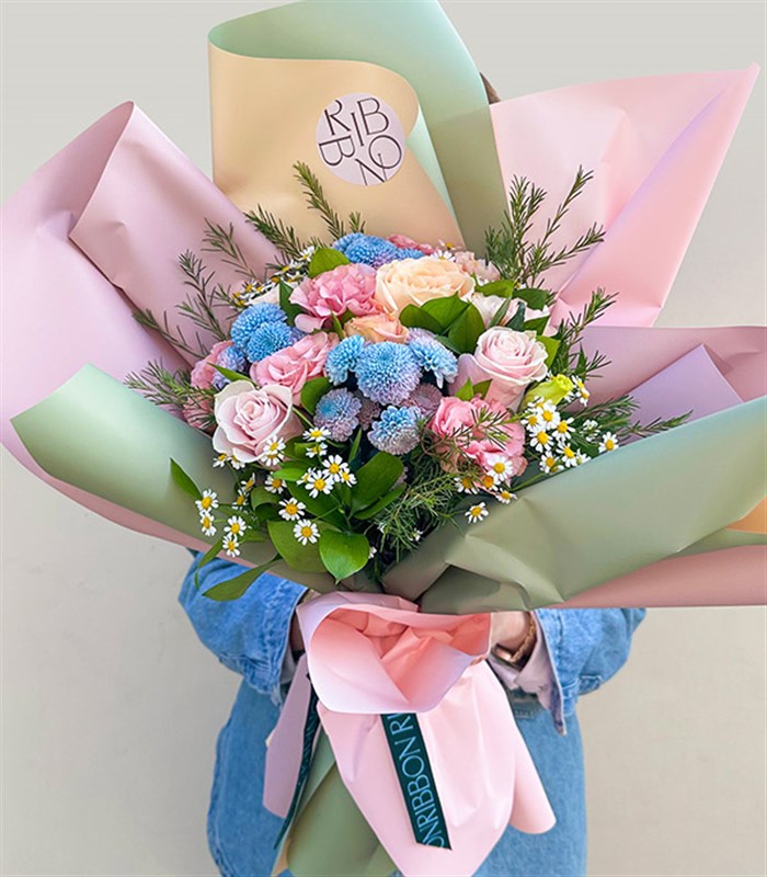 Luana Pembe Kayısı Gül Unicorn Krizantem Mini Buket