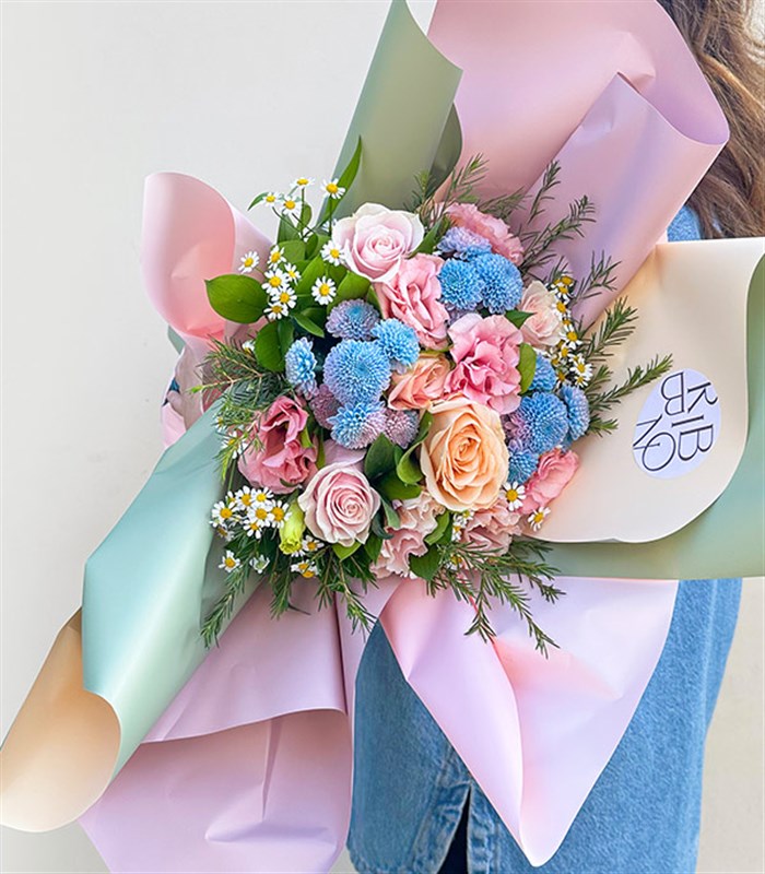 Luana Pembe Kayısı Gül Unicorn Krizantem Mini Buket