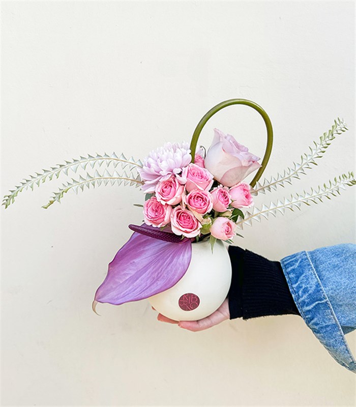 Sorina Mini Seramik Vazoda Pembe Lila Çiçekler