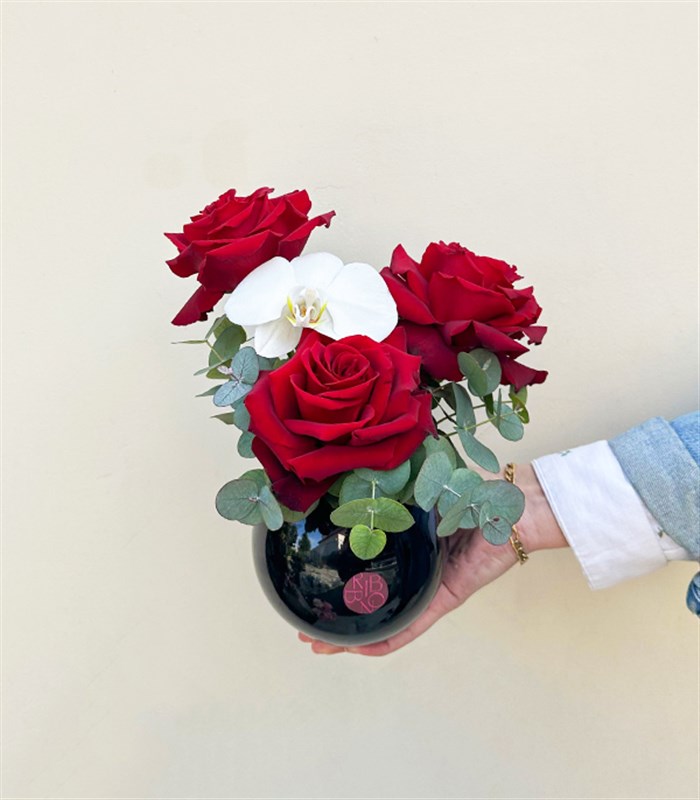 Grace Mini Siyah Vazoda Kırmızı Gül Orkide