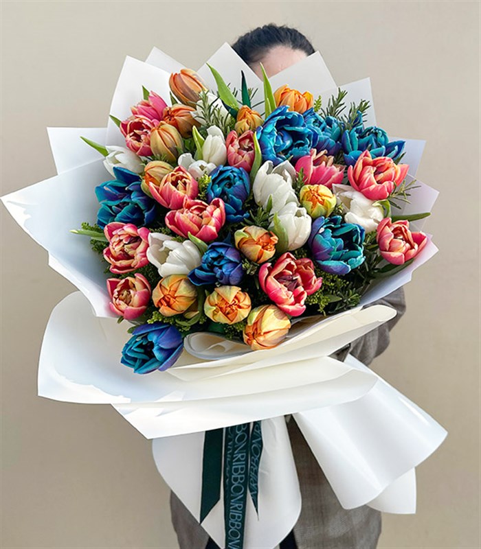 Rengarenk 41Li Beyaz Turuncu Galaksi Pembe Lale Buketi