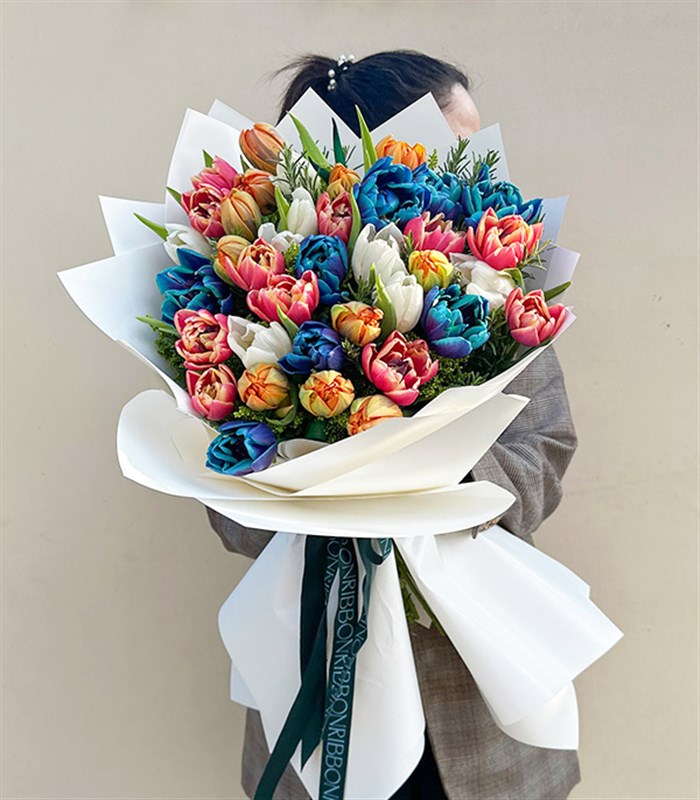 Rengarenk 41Li Beyaz Turuncu Galaksi Pembe Lale Buketi