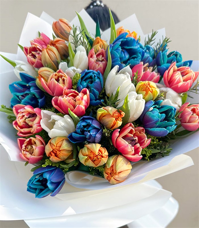 Rengarenk 41Li Beyaz Turuncu Galaksi Pembe Lale Buketi
