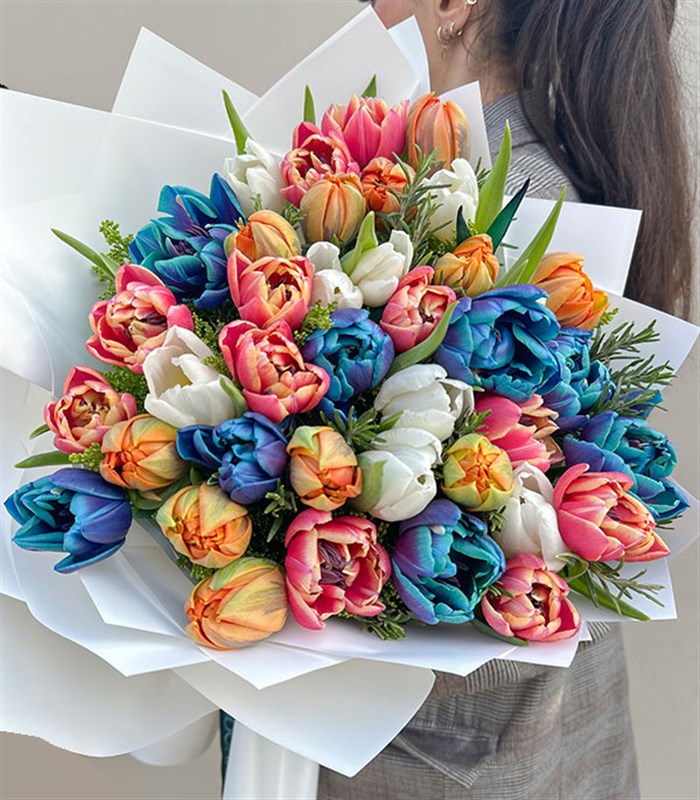 Rengarenk 41Li Beyaz Turuncu Galaksi Pembe Lale Buketi