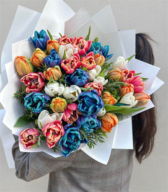 Rengarenk 41Li Beyaz Turuncu Galaksi Pembe Lale Buketi