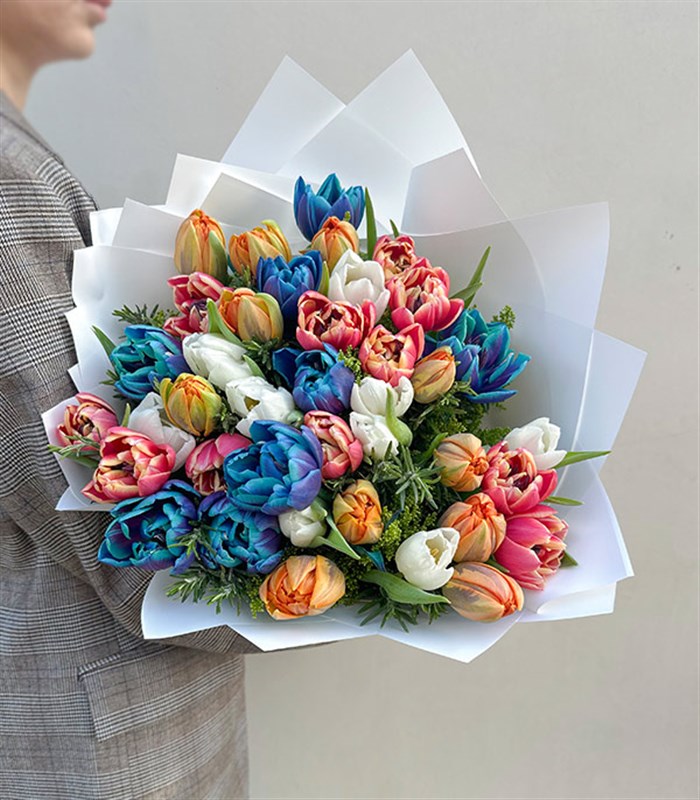 Rengarenk 41Li Beyaz Turuncu Galaksi Pembe Lale Buketi