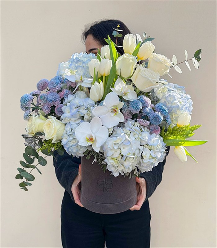 Frost Gri Kutuda Mavi Ortanca Beyaz Laleli Beyaz Çiçekler