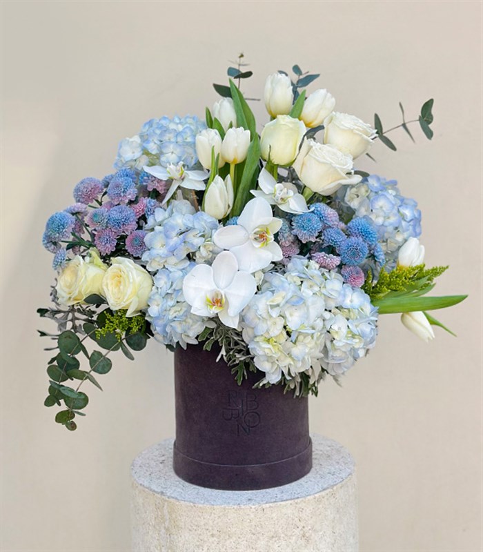 Frost Gri Kutuda Mavi Ortanca Beyaz Laleli Beyaz Çiçekler