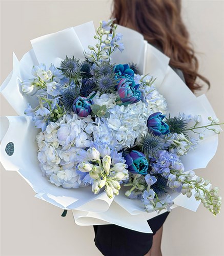 Cerulean Galaxy Tulip Blue Hydrangea Delphinium Bouquet