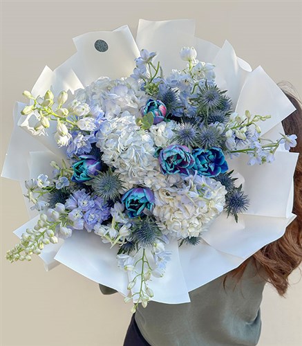 Cerulean Galaxy Tulip Blue Hydrangea Delphinium Bouquet
